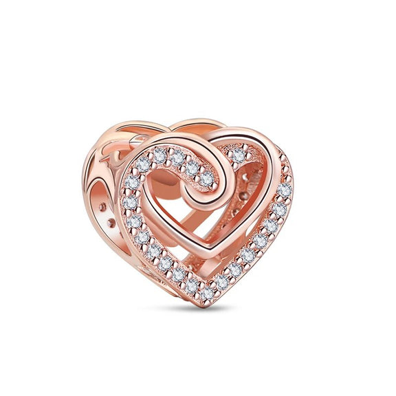 Double Heart Infinity Charm with Sparkling Accents - Rose gold double heart infinity charm with crystals, symbolizing love for Pandora charm bracelets.