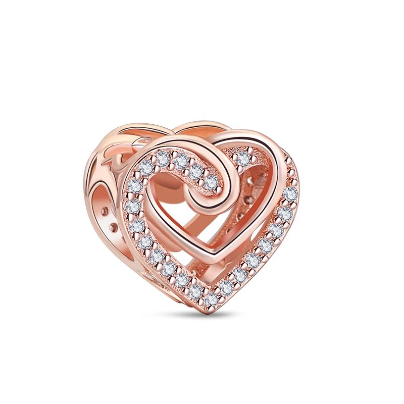 Rose gold double heart infinity charm with crystals, symbolizing love for Pandora charm bracelets.