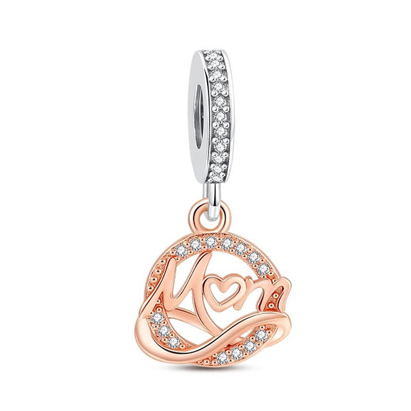 Mom's Love Charm with Heart and Sparkling Accents - Rose gold Mom charm with heart and crystals, symbolizing love for Pandora bracelet charms.