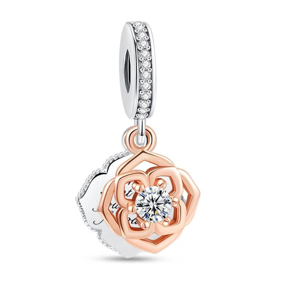 Blooming Lotus Charm with Crystal Accents - Rose gold and silver lotus charm with crystals, symbolizing growth for Pandora bracelets and charms.