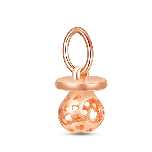 Rose gold baby rattle charm with heart cutouts, perfect for Pandora bracelets and charms.