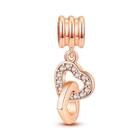Rose gold heart and infinity charm with crystals, symbolizing love for Pandora charm bracelets.