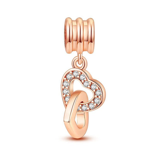 Rose gold heart and infinity charm with crystals, symbolizing love for Pandora charm bracelets.