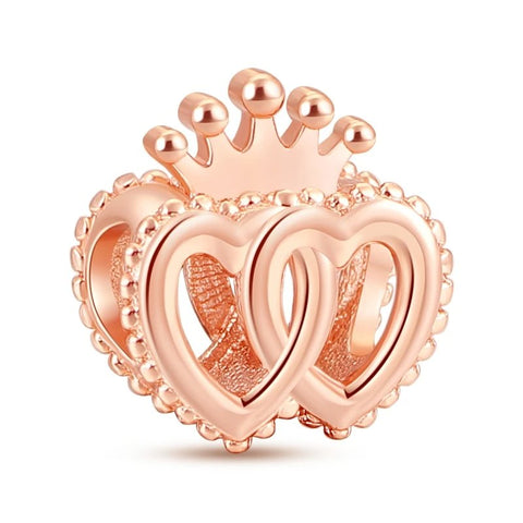Double Heart Rose Gold Charm with Crown - Rose gold double heart crown charm, symbolizing love and royalty for Pandora charm bracelets.