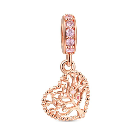 Rose Gold Heart Tree of Life Charm with Pink Crystals - Rose gold Tree of Life heart charm adorned with pink crystals, symbolizing growth and love.