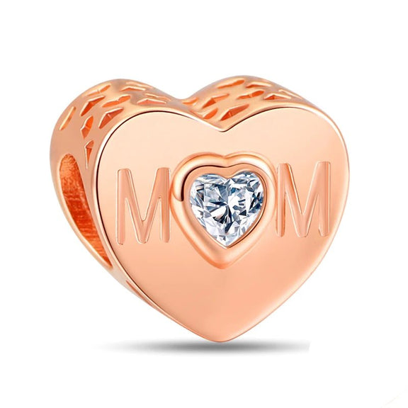 Rose Gold Mom Heart Charm with Diamond Center - Rose gold Mom heart charm with a diamond center, perfect for celebrating motherhood.