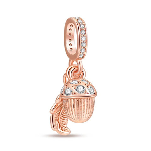 Acorn and Leaf Charm in Rose Gold with Crystal Details - Rose gold acorn and leaf charm with crystal details, celebrating the beauty of the forest.