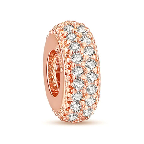 Rose gold ring charm encrusted with crystals, adding a luxurious touch to any bracelet.