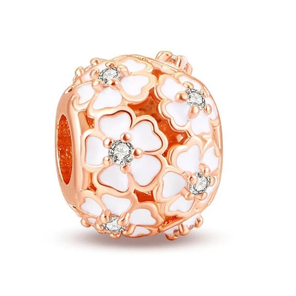 Pink and White Floral Charm in Rose Gold - Rose gold floral charm with pink accents, adding nature's beauty to Pandora bracelets and charms.