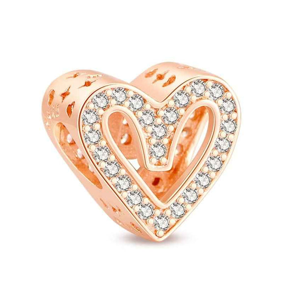 Rose Gold Heart Charm with Sparkling Cubic Zirconia Accent - Rose gold heart charm with cubic zirconia, adding elegance to Pandora bracelets and charms.