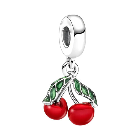 Vibrant Silver Cherry Charm with Enamel Green Leaves