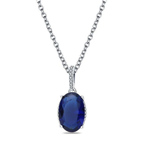 Elegant Blue Sapphire Oval Pendant Necklace in Sterling Silver with Cubic Zirconia Accents - A sterling silver necklace featuband an elegant oval blue sapphire pendant with cubic zirconia.