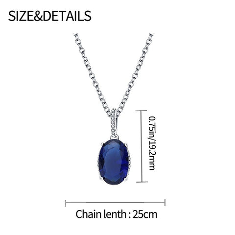 Elegant Blue Sapphire Oval Pendant Necklace in Sterling Silver with Cubic Zirconia Accents - Size and details of a blue sapphire oval pendant necklace in sterling silver, including chain length and pendant dimensions.