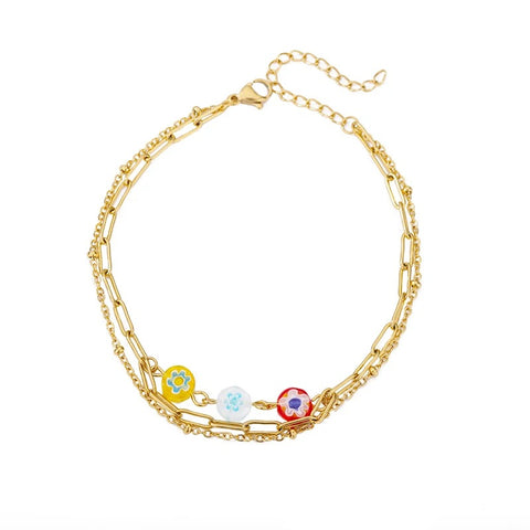 Floral Playful Charm Gold Ankle Bracelet - Floral Playful Charm Gold Ankle Bracelet