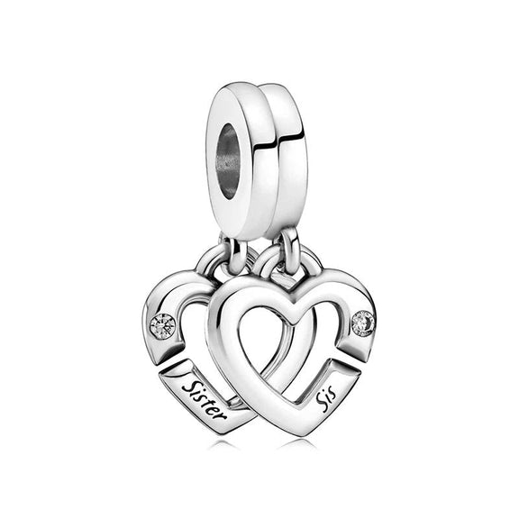 Sister's Heart Charm - Sterling silver charm with two interlocking hearts engraved with "Sister" and "Sis.