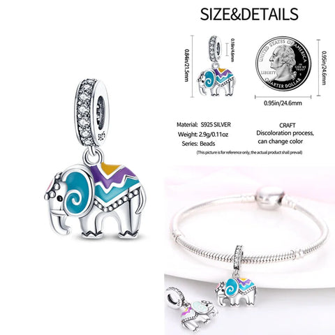 Sterling silver elephant charm with blue, pink, yellow, and purple enamel.