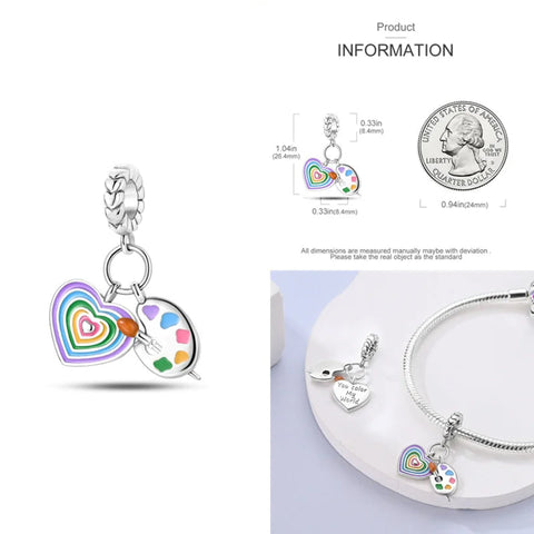 Colorful Heart and Artist Palette Charm in Sterling Silver - Sterling silver charm featuband a colorful heart with rainbow enamel.