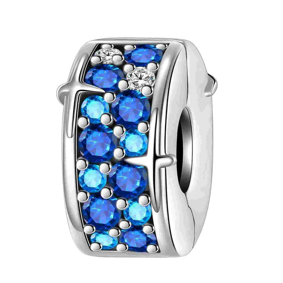 Blue Crystal Clip Charm - Sterling silver clip charm with deep blue and white crystals.