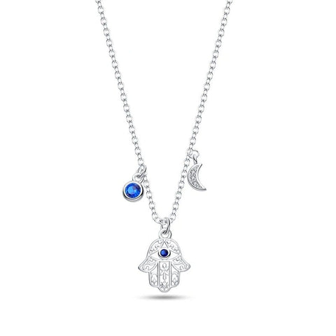 Sterling Silver Hand Pendant Necklace with Blue Crystal and moon - Hamsa hand pendant necklace with blue crystal.