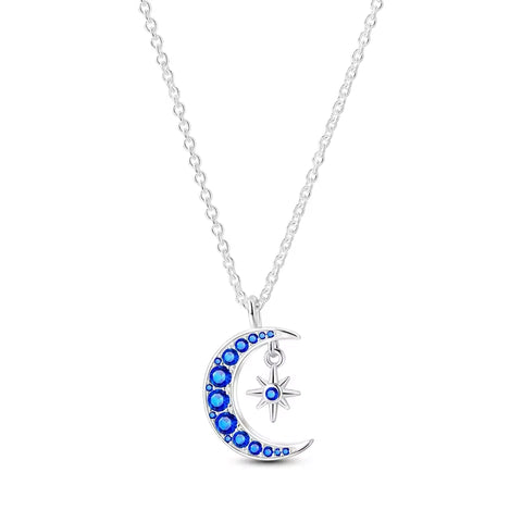 Sterling Silver Moon and Star Pendant Necklace with Blue Crystals - Crescent moon and star pendant necklace with blue crystals.