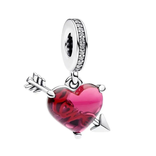 Red Heart & Arrow Murano Glass Dangle Charm