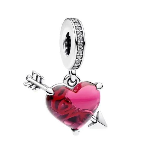 Red Heart & Arrow Murano Glass Dangle Charm - Cupid's Arrow Heart Dangle Charm