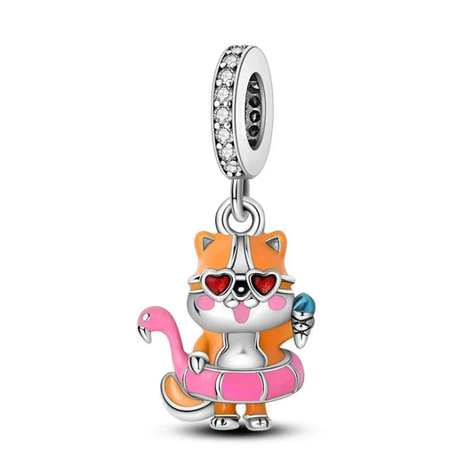 Pandora Cute Cat Wearing Sunglasses Holding Pink Ball Charm Orange Accent
