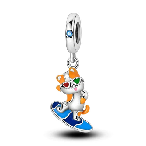 Cute Cat Wearing Sunglasses Surfboard Charm Orange Accent - Pandora Cute Cat Wearing Sunglasses Surfboard Charm Orange Accent