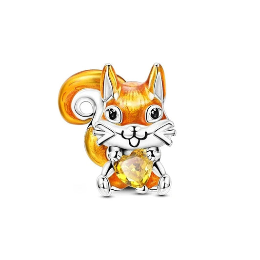 Cute Little Squirrel Wearing Yellow Orange Charm Accent Charm - Compatible with Pandora Bracelets
