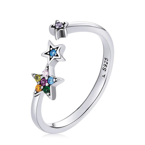 Coloured Rainbow Silver Stars Adjustable Ring