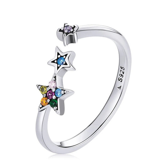 Coloured Rainbow Silver Stars Adjustable Ring