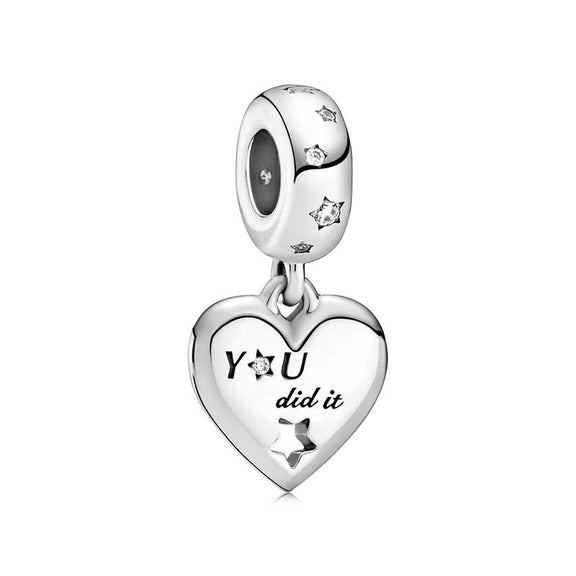 You Did It Heart Charm - Sterling silver heart-shaped charm with the inscription "You did it" and star motifs.