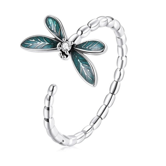 Dragonfly Silver Open Ring with Green wings