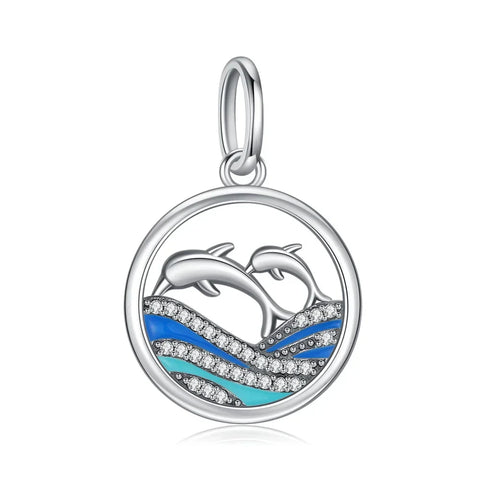 Dolphin And Wave Pendant In Sterling Silver Charm - Dolphin And Wave Pendant In Sterling Silver Pandora Charm