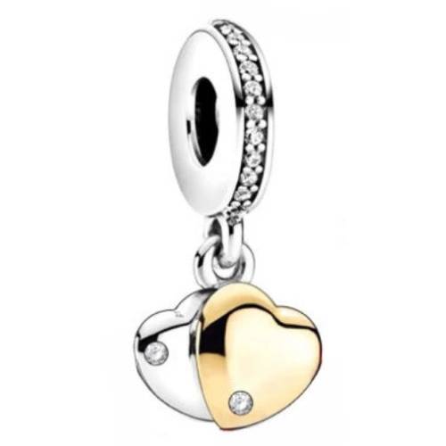 Double Heart Charm for Pandora Bracelet - Sterling Silver and Gold Bead - Gold and silver double heart charm with rhinestone accents.