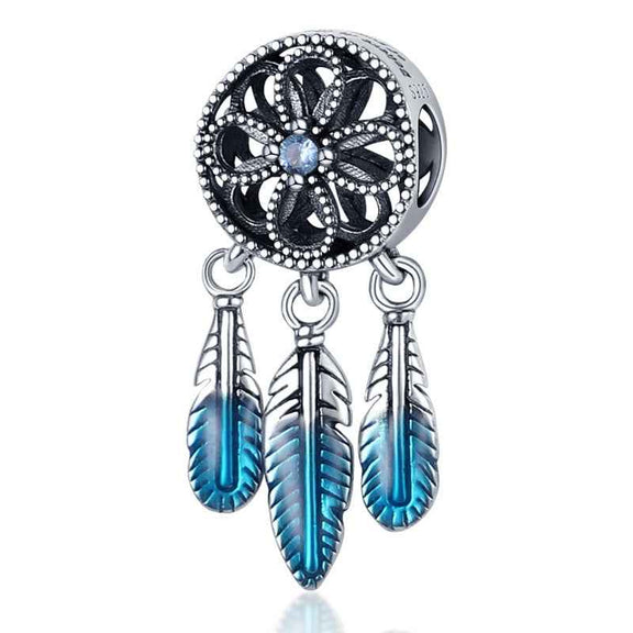 Dreamcatcher Sterling Silver Charm with Blue Feather Dangles - Sterling silver charm with an intricate dreamcatcher design, central crystal,.