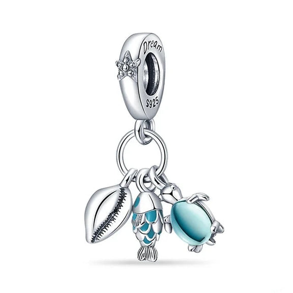 Fish, Sea Turtle & Conch Triple Dangle Charm - Sterling silver charm with sea shell, fish, and turtle, featuring blue enamel and "Dream" engraving.