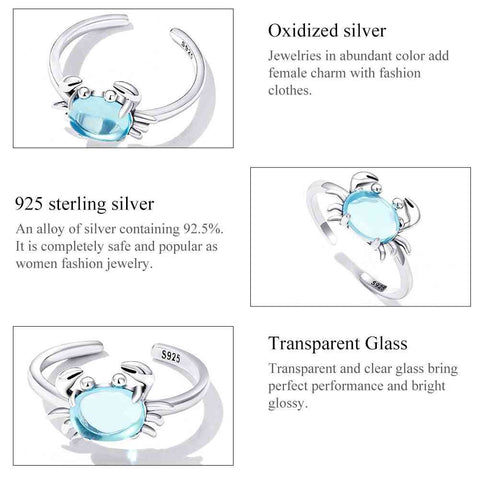 Oceanic Blue Crab Sterling Silver Adjustable Ring - Detailed images and specifications of a cute crab-shaped sterling silver ring with a blue transparent glass stone.