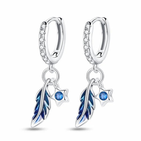 Blue Feather Star Dangle Earrings Sterling Silver - Blue feather and star dangle earrings in sterling silver.