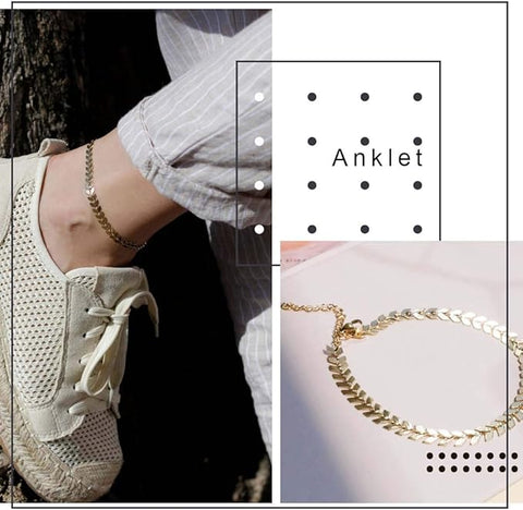 Herringbone Ankle Gold & silver Bracelet - A collage featuring a foot wearing a Gold Anklet on the left, the word "Anklet" in the center, and a close-up of the Gold Anklet on the right.