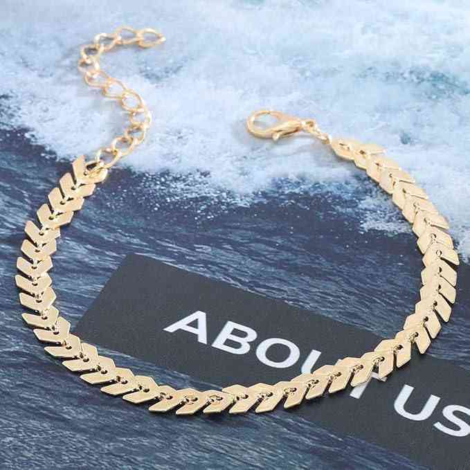 A Gold Anklet with a fishbone pattern design laid flat against a background resembling water with the word "ABOUT" partially visible.