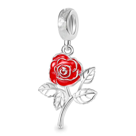 Elegant Red Rose Charm with Enamel in Sterling Silver - Sterling silver charm with a detailed red rose and enamel accents.