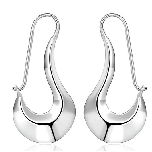 Elegant silver drop earrings with a modern design on a white background.