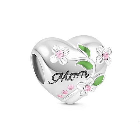 Elegant Sterling Silver Mom Heart Charm with Floral Design - Elegant Sterling Silver Mom Heart Charm with Floral Design