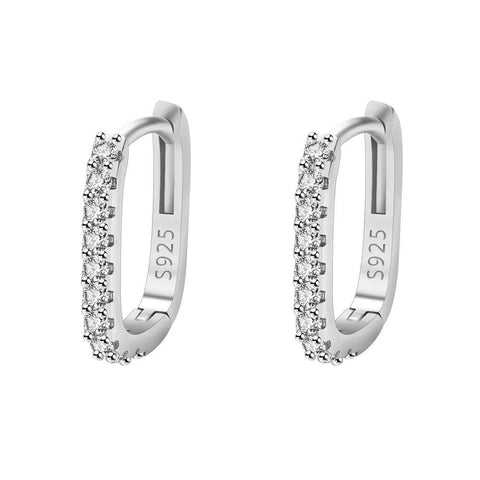 Elegant Sterling Silver Sparkling Hoop Earrings Pave Setting - Pair of silver hoop earrings with embedded cubic zirconia stones, isolated on a white background.