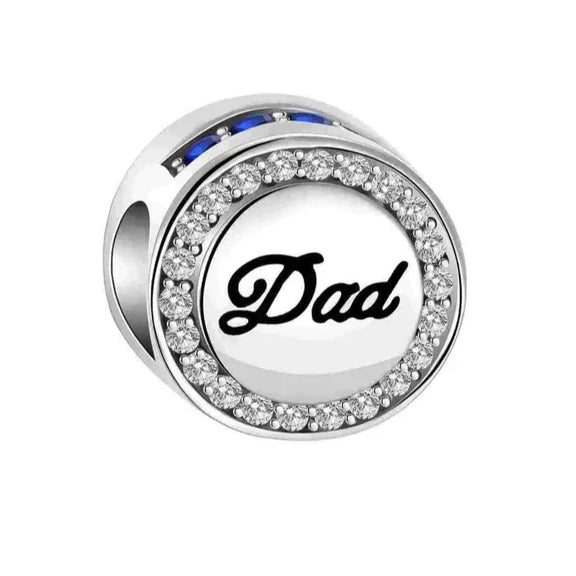 Dad Charm - Sterling silver charm featuring the word "Dad" surrounded by sparkling crystals.