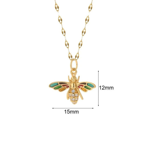 Gold-Plated Bee Pendant Necklace with Enamel Wings Crystal Accents - Gold-plated bee pendant necklace with colorful enamel wings and crystal accents.