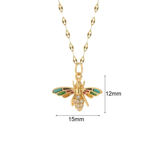 Gold-plated bee pendant necklace with colorful enamel wings and crystal accents.