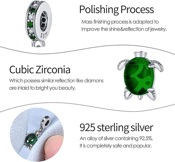 Emerald Green Sea Turtle Charm in Sterling Silver - Green Sterling silver sea turtle charm with emerald green crystal shell and cubic zirconia accents on bail and flippers.