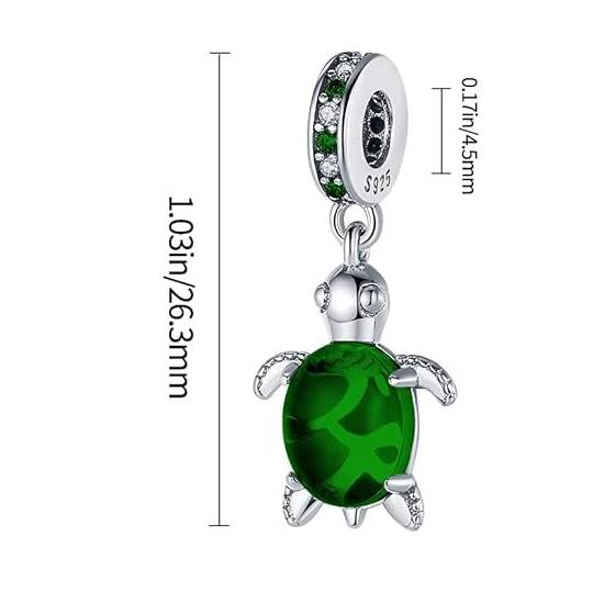 Emerald Green Sea Turtle Charm in Sterling Silver - sea turtle charm with emerald green crystal shell and cubic zirconia accents on bail and flippers.